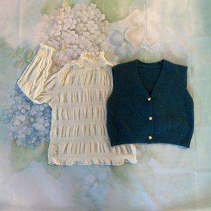 Cropped Blue knit Vest Twin Set White Elastic Ruffle Blouse S